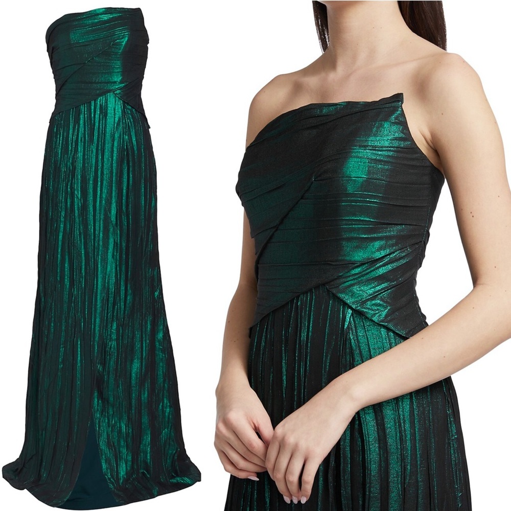 Rene Ruiz Collection Metallic Strapless Fit & Flare Gown Green maxi dress